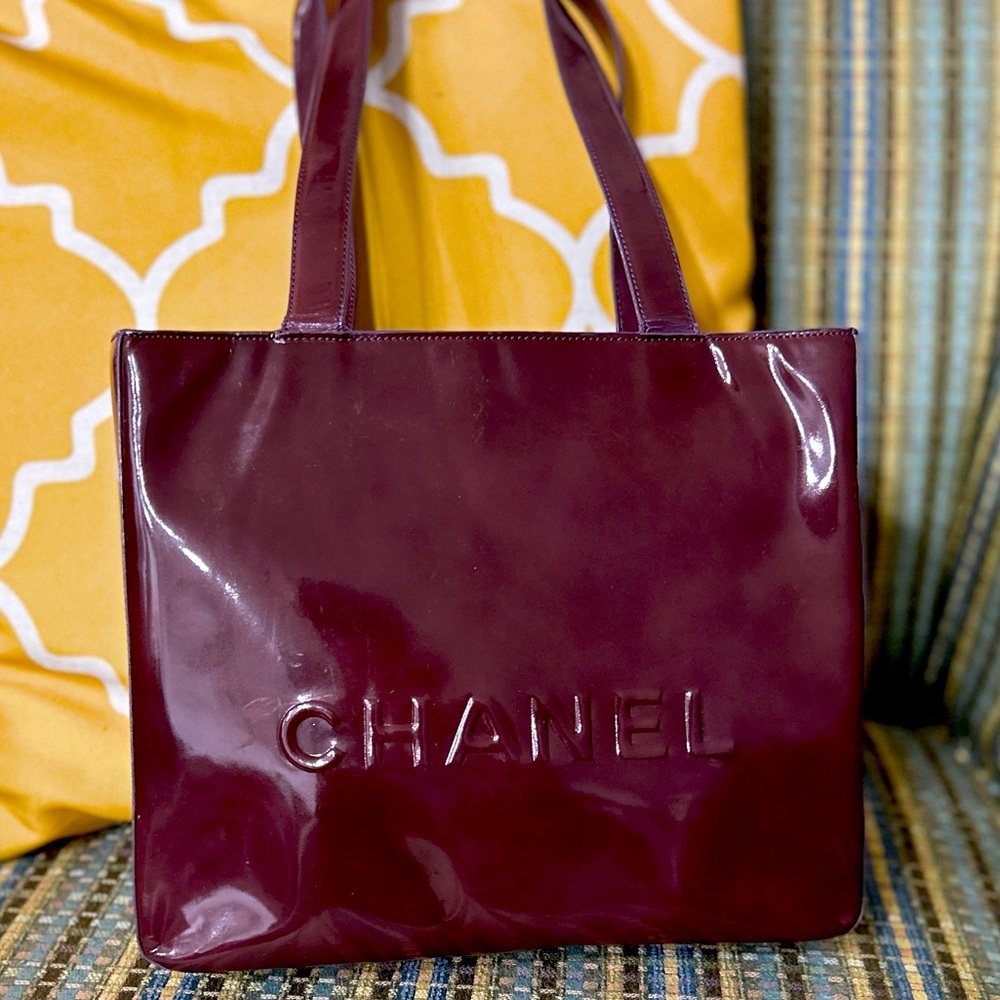 Chanel Authentic Bordeaux Red Chanel Letter Logo Patent Leather Tote - Picture 1 of 15